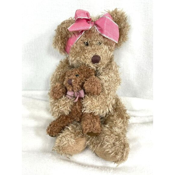Russ Marmie Brown Teddy Bear in Pink Ribbon with Baby Bear Plush Stuff Toy 9.5in - Picture 1 of 7